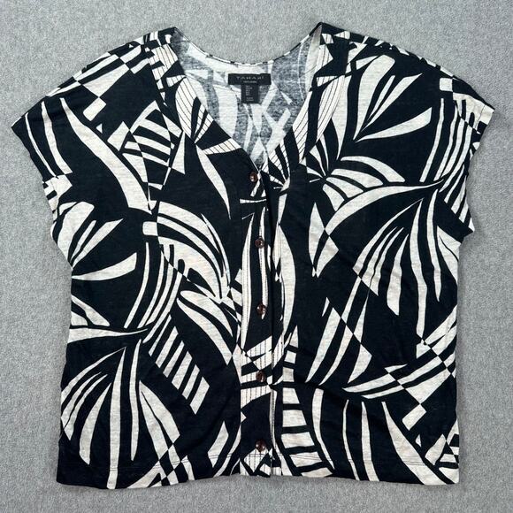 Tahari Linen Button Front V-Neck Shirt Women's Large Black/White 100% Linen - Picture 1 of 7